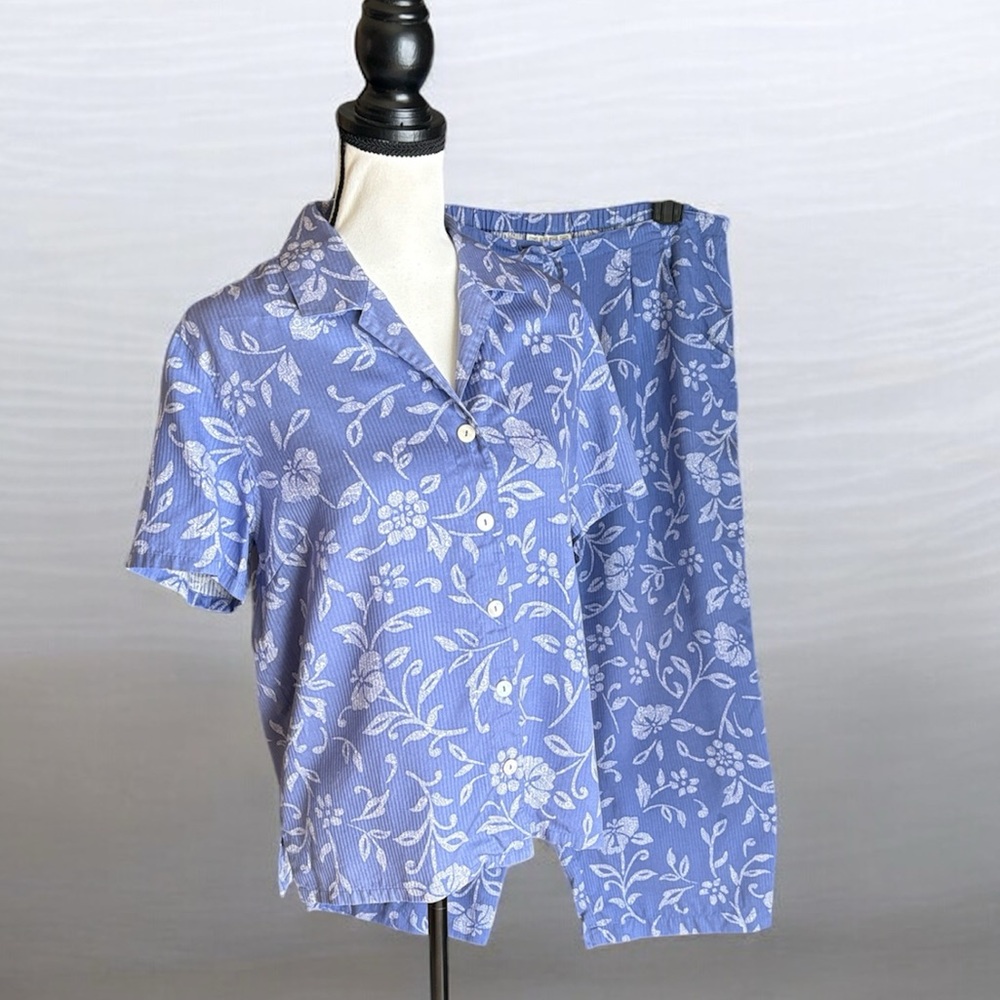 Nomadic Traders Silk Periwinkle Floral Lounge/Pajama Set Top L Bottom XL